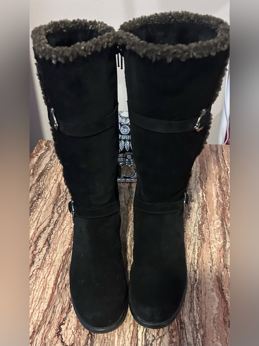 Stuart Weitzman Black Suede Fur-Lined Buckle Mid-Calf Winter Boots